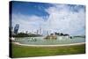 Illinois, Chicago, Grant Park, Buckingham Fountain and Loop Skyline Background-Bernard Friel-Stretched Canvas