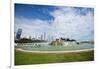 Illinois, Chicago, Grant Park, Buckingham Fountain and Loop Skyline Background-Bernard Friel-Framed Premium Photographic Print