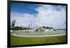 Illinois, Chicago, Grant Park, Buckingham Fountain and Loop Skyline Background-Bernard Friel-Framed Premium Photographic Print