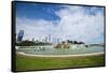 Illinois, Chicago, Grant Park, Buckingham Fountain and Loop Skyline Background-Bernard Friel-Framed Stretched Canvas