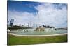 Illinois, Chicago, Grant Park, Buckingham Fountain and Loop Skyline Background-Bernard Friel-Stretched Canvas