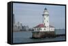 Illinois, Chicago, Lake Michigan. Chicago Harbor Light with Skyline-Cindy Miller Hopkins-Framed Stretched Canvas