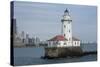 Illinois, Chicago, Lake Michigan. Chicago Harbor Light with Skyline-Cindy Miller Hopkins-Stretched Canvas