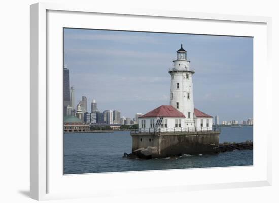 Illinois, Chicago, Lake Michigan. Chicago Harbor Light with Skyline-Cindy Miller Hopkins-Framed Photographic Print