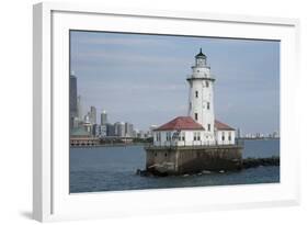 Illinois, Chicago, Lake Michigan. Chicago Harbor Light with Skyline-Cindy Miller Hopkins-Framed Photographic Print