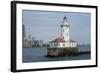 Illinois, Chicago, Lake Michigan. Chicago Harbor Light with Skyline-Cindy Miller Hopkins-Framed Photographic Print