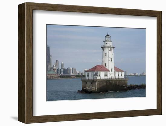 Illinois, Chicago, Lake Michigan. Chicago Harbor Light with Skyline-Cindy Miller Hopkins-Framed Photographic Print