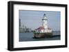 Illinois, Chicago, Lake Michigan. Chicago Harbor Light with Skyline-Cindy Miller Hopkins-Framed Photographic Print