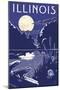 Illinois - Lake at Night-Lantern Press-Mounted Art Print