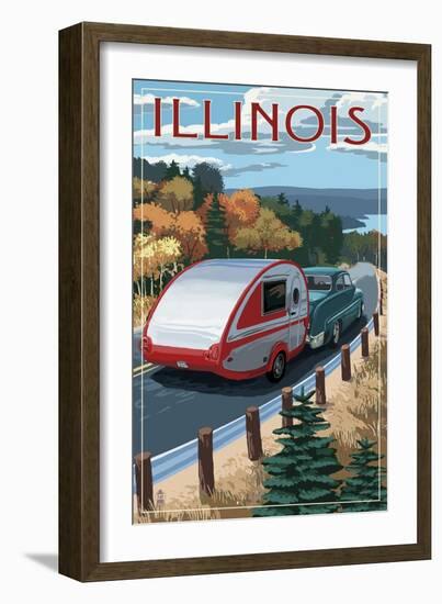 Illinois - Retro Camper on Road-Lantern Press-Framed Art Print