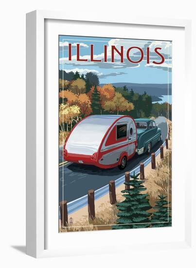 Illinois - Retro Camper on Road-Lantern Press-Framed Art Print