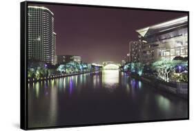 Illuminated architecture and reflections at night in Hangzhou City Center, Hangzhou, Zhejiang, Chin-Andreas Brandl-Framed Stretched Canvas