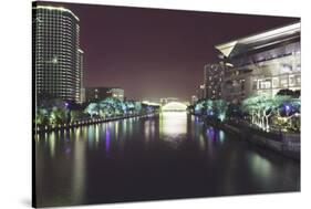 Illuminated architecture and reflections at night in Hangzhou City Center, Hangzhou, Zhejiang, Chin-Andreas Brandl-Stretched Canvas