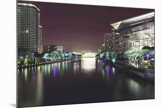 Illuminated architecture and reflections at night in Hangzhou City Center, Hangzhou, Zhejiang, Chin-Andreas Brandl-Mounted Photographic Print