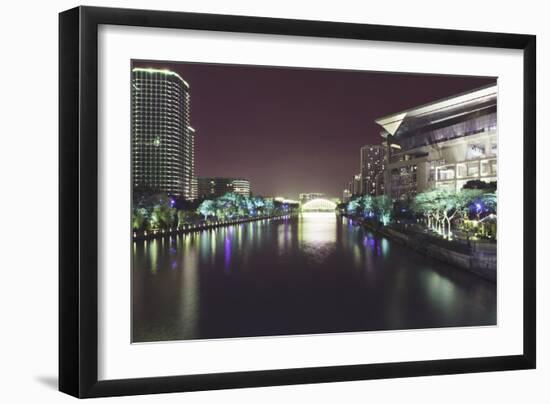 Illuminated architecture and reflections at night in Hangzhou City Center, Hangzhou, Zhejiang, Chin-Andreas Brandl-Framed Photographic Print