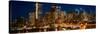 Illuminated bridge and skylines in a city, Center Street Bridge, Bow River, Calgary, Alberta, Ca...-null-Stretched Canvas
