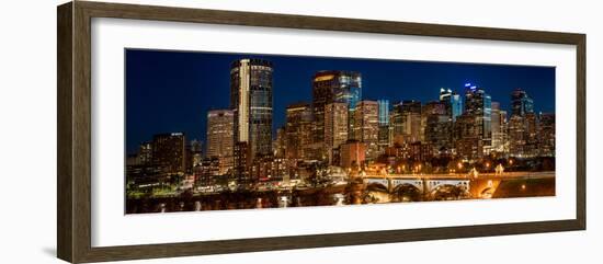 Illuminated bridge and skylines in a city, Center Street Bridge, Bow River, Calgary, Alberta, Ca...-null-Framed Photographic Print