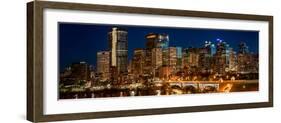 Illuminated bridge and skylines in a city, Center Street Bridge, Bow River, Calgary, Alberta, Ca...-null-Framed Photographic Print