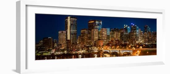 Illuminated bridge and skylines in a city, Center Street Bridge, Bow River, Calgary, Alberta, Ca...-null-Framed Photographic Print