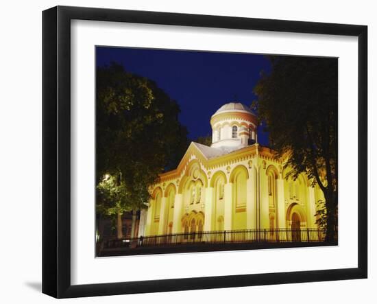 Illuminated Church on Pilies Gatve, Vilnius, Lithuania, Baltic States, Europe-Ian Trower-Framed Photographic Print