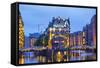 Illuminated House and Two Brides in Speicherstadt, Hamburg-bbsferrari-Framed Stretched Canvas