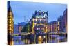 Illuminated House and Two Brides in Speicherstadt, Hamburg-bbsferrari-Stretched Canvas