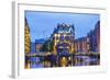 Illuminated House and Two Brides in Speicherstadt, Hamburg-bbsferrari-Framed Photographic Print