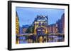 Illuminated House and Two Brides in Speicherstadt, Hamburg-bbsferrari-Framed Photographic Print