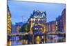 Illuminated House and Two Brides in Speicherstadt, Hamburg-bbsferrari-Mounted Photographic Print