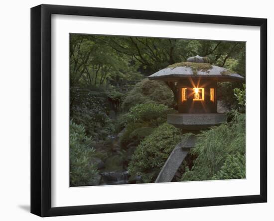 Illuminated Lantern in Portland Japanese Garden, Oregon, USA-William Sutton-Framed Premium Photographic Print