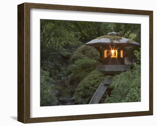 Illuminated Lantern in Portland Japanese Garden, Oregon, USA-William Sutton-Framed Photographic Print