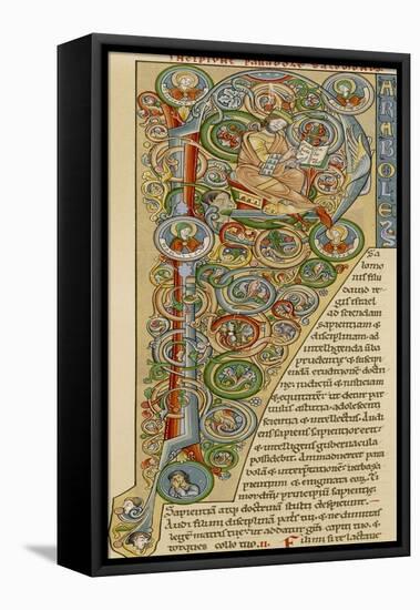 Illuminated Letter "P" Showing King Solomon Writing His "Proverbs", from a German Bible-null-Framed Stretched Canvas