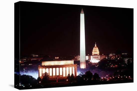 Illuminated Lincoln Memorial, Washington Monument, and US Capitol, Jan 18, 1989-null-Stretched Canvas