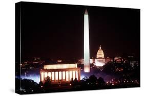 Illuminated Lincoln Memorial, Washington Monument, and US Capitol, Jan 18, 1989-null-Stretched Canvas