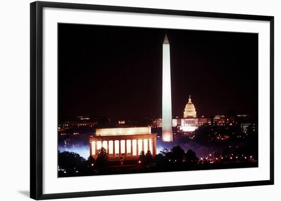 Illuminated Lincoln Memorial, Washington Monument, and US Capitol, Jan 18, 1989-null-Framed Photo