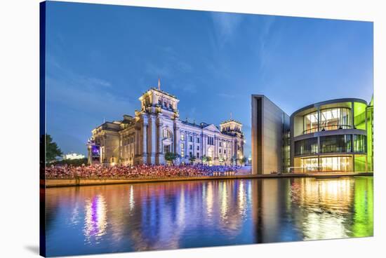 Illuminated Reichstag and Paul Lobe Haus, River Spree, Berlin, Germany-Sabine Lubenow-Stretched Canvas