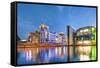 Illuminated Reichstag and Paul Lobe Haus, River Spree, Berlin, Germany-Sabine Lubenow-Framed Stretched Canvas