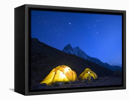 Illuminated Tents at Island Peak Base Camp, Sagarmatha National Park, Himalayas-Christian Kober-Framed Stretched Canvas