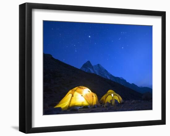 Illuminated Tents at Island Peak Base Camp, Sagarmatha National Park, Himalayas-Christian Kober-Framed Photographic Print