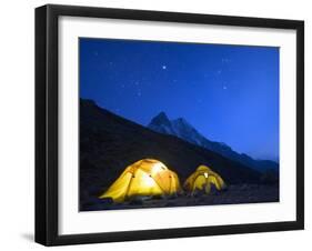 Illuminated Tents at Island Peak Base Camp, Sagarmatha National Park, Himalayas-Christian Kober-Framed Photographic Print