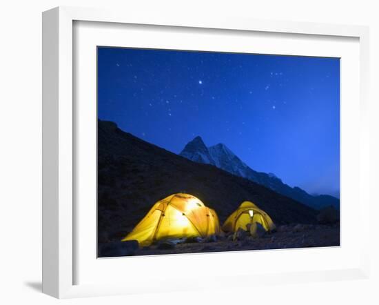 Illuminated Tents at Island Peak Base Camp, Sagarmatha National Park, Himalayas-Christian Kober-Framed Photographic Print