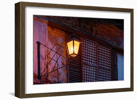 Illuminated vintage street lamp on wall, Calle Crisologo, Vigan, Ilocos Sur, Philippines-null-Framed Photographic Print
