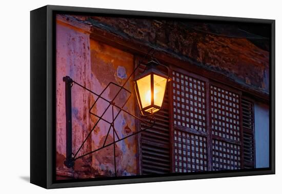 Illuminated vintage street lamp on wall, Calle Crisologo, Vigan, Ilocos Sur, Philippines-null-Framed Stretched Canvas
