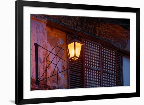 Illuminated vintage street lamp on wall, Calle Crisologo, Vigan, Ilocos Sur, Philippines-null-Framed Photographic Print