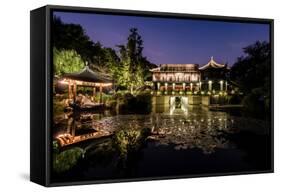 Illuminated Wen Ying Ge Tea House and Pavilion at West Lake, Hangzhou, Zhejiang, China, Asia-Andreas Brandl-Framed Stretched Canvas