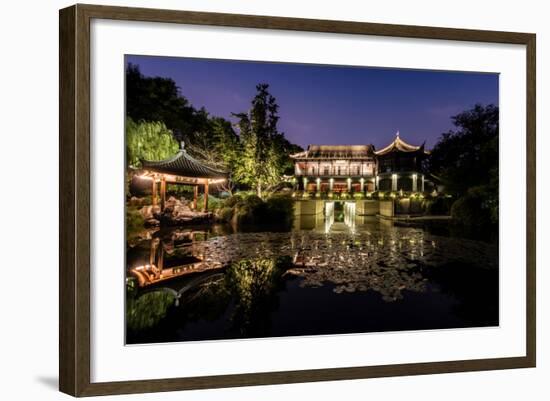 Illuminated Wen Ying Ge Tea House and Pavilion at West Lake, Hangzhou, Zhejiang, China, Asia-Andreas Brandl-Framed Photographic Print