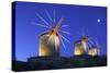 Illuminated Windmills of Chora, Patmos, Dodecanese, Greek Islands, Greece, Europe-Neil Farrin-Stretched Canvas