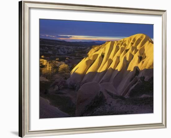 Illuminateded Tuff Stone Erosion with Uchisar, Cappadocia, Anatolia, Turkey-Rainer Mirau-Framed Photographic Print