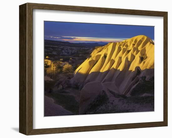 Illuminateded Tuff Stone Erosion with Uchisar, Cappadocia, Anatolia, Turkey-Rainer Mirau-Framed Photographic Print