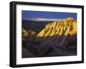 Illuminateded Tuff Stone Erosion with Uchisar, Cappadocia, Anatolia, Turkey-Rainer Mirau-Framed Photographic Print